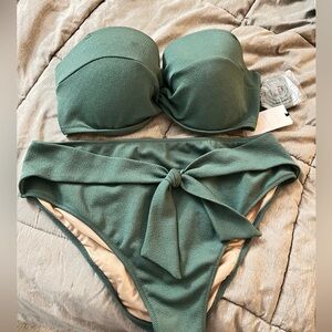 Green high rise tie front bikini bottoms